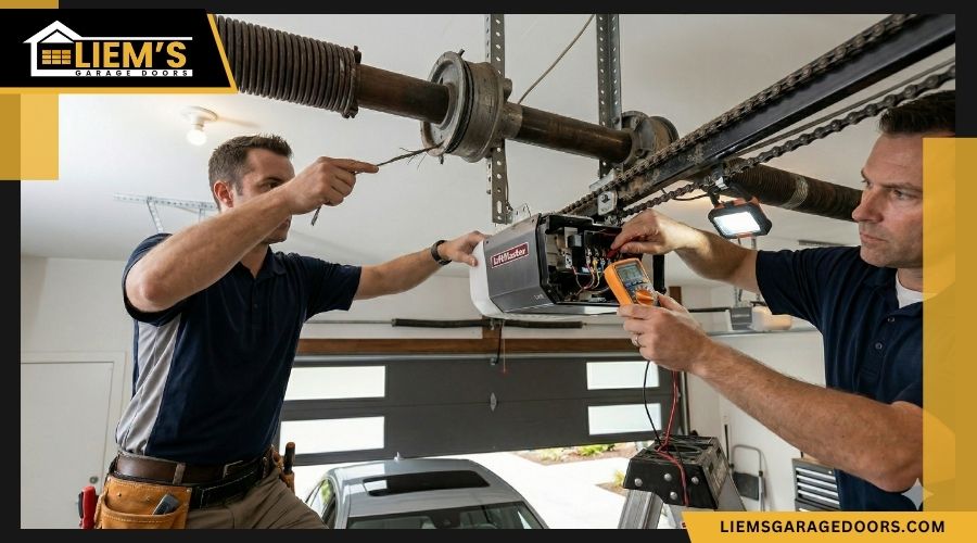 diagnosinggaragedooropenermotor A close up view of a ceiling mounted garage door opener motor and track system being inspected for mechanical faults
