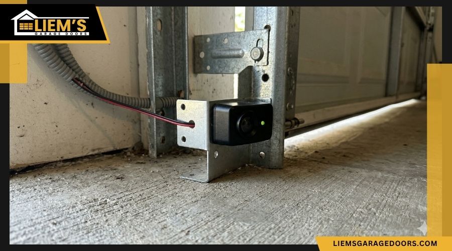 garagedoorsafetysensoralignment A close up of a garage door infrared safety sensor mounted at the base of the vertical metal floor track