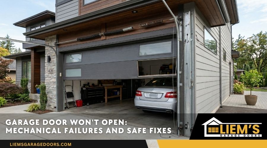A modern residential garage door stuck halfway open, illustrating a mechanical failure that requires troubleshooting.