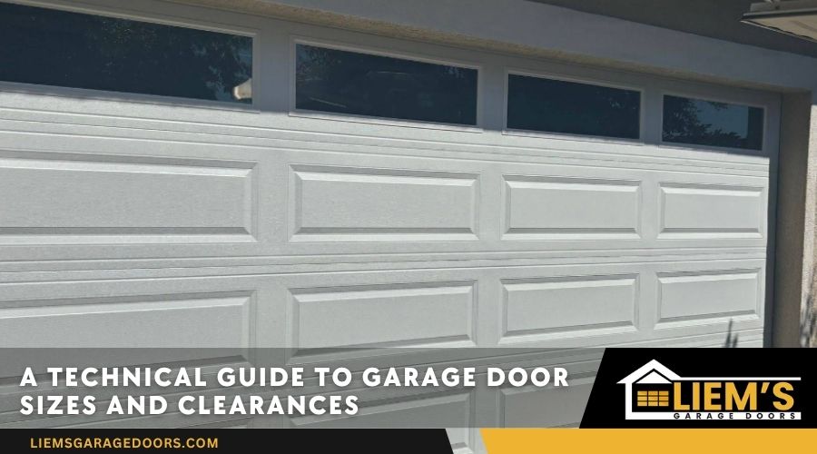 White sectional two car garage door with top windows and text overlay reading A Technical Guide to Garage Door Sizes and Clearances by Liems Garage Doors