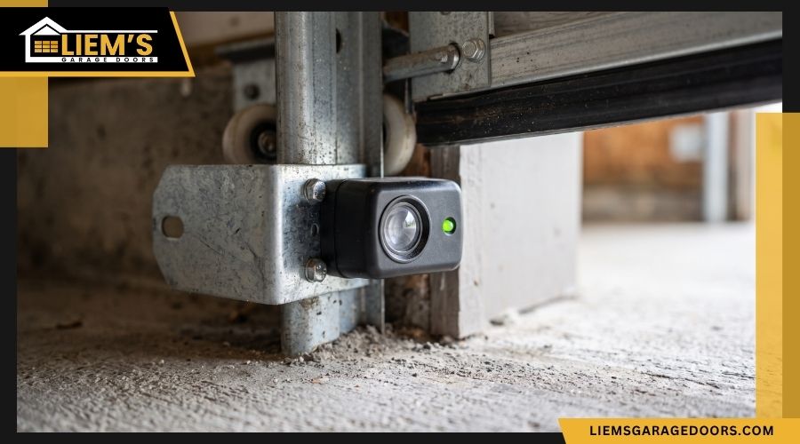 checkinggaragedoorphotoeyesensors A close up of a garage door safety photo eye sensor mounted near the bottom of the floor track