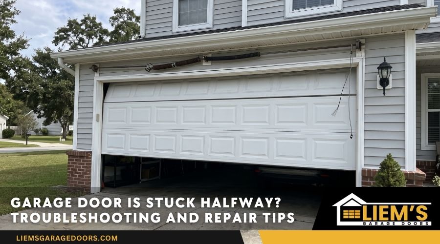 A residential garage door stuck halfway open from the outside
