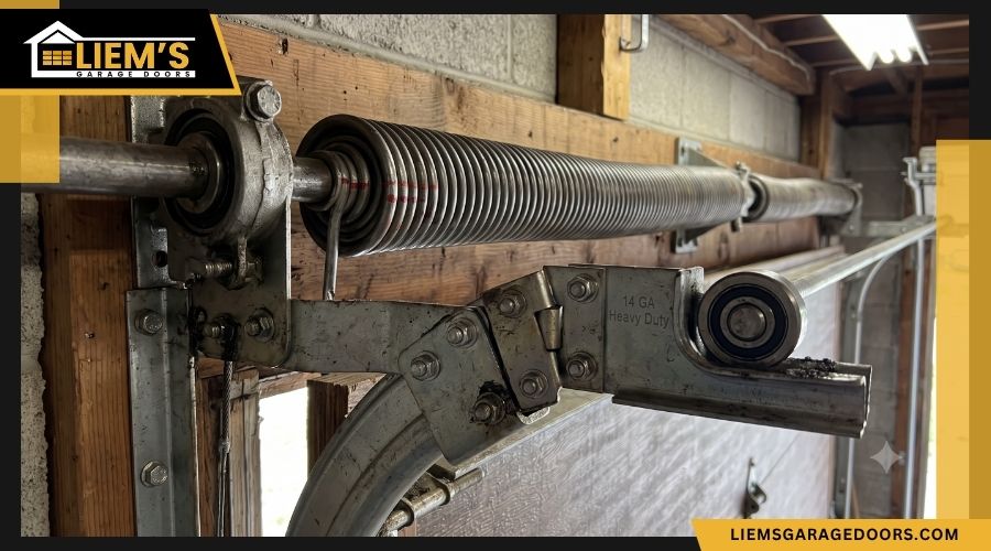 Close up of heavy duty garage door torsion springs rollers and metal hinges