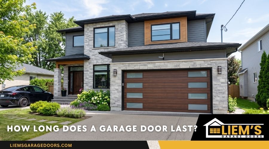 A modern, well-maintained residential garage door on a beautiful home exterior.