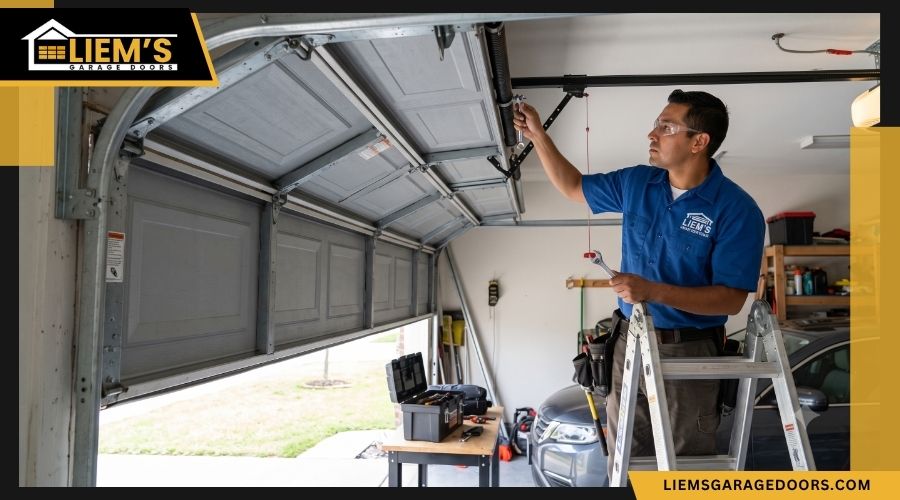 A professional technician inspecting and repairing a residential garage door system