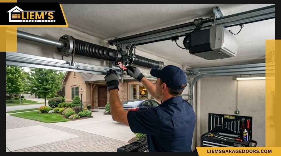 Professional technician in work clothes inspecting the track and mechanism of a residential garage door